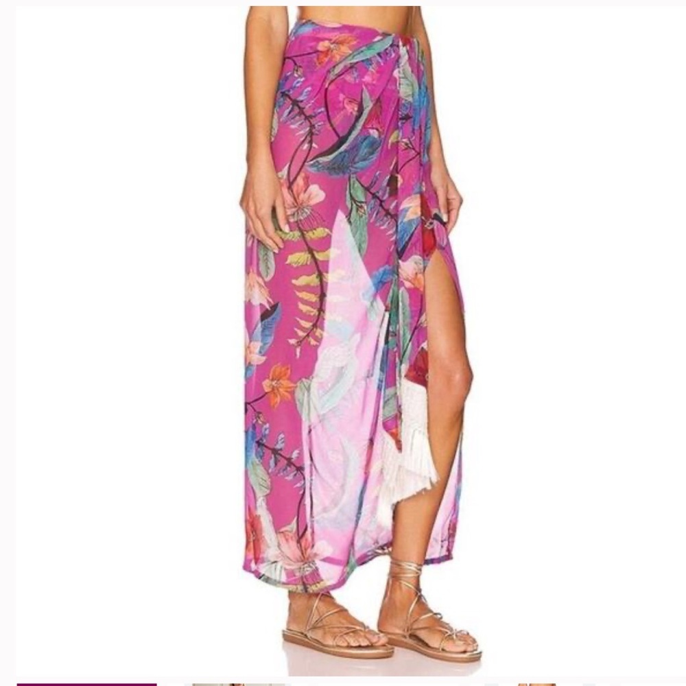 Classy Beach Cover-up Fringed Crochet Trimmed Printed Chiffon Pareo Skirt NWOT - Picture 3 of 6